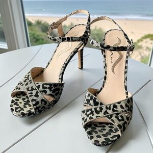 Nina Sparkle Silver Leopard Print Heeled Sandals with Ankle Strap